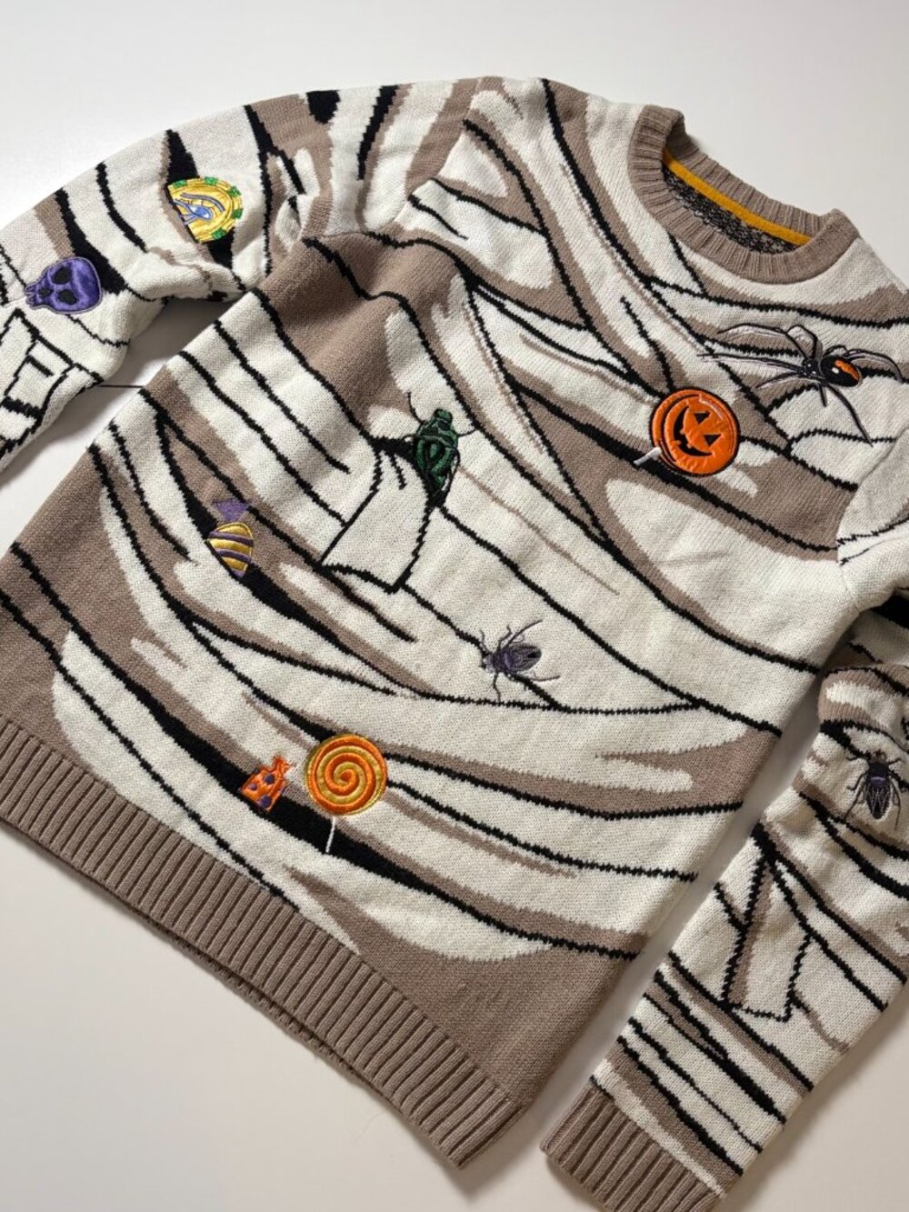 Blizzard Bay Halloween Mummy Graphic Knit Sweater w/ Spooky Embroidered Patches